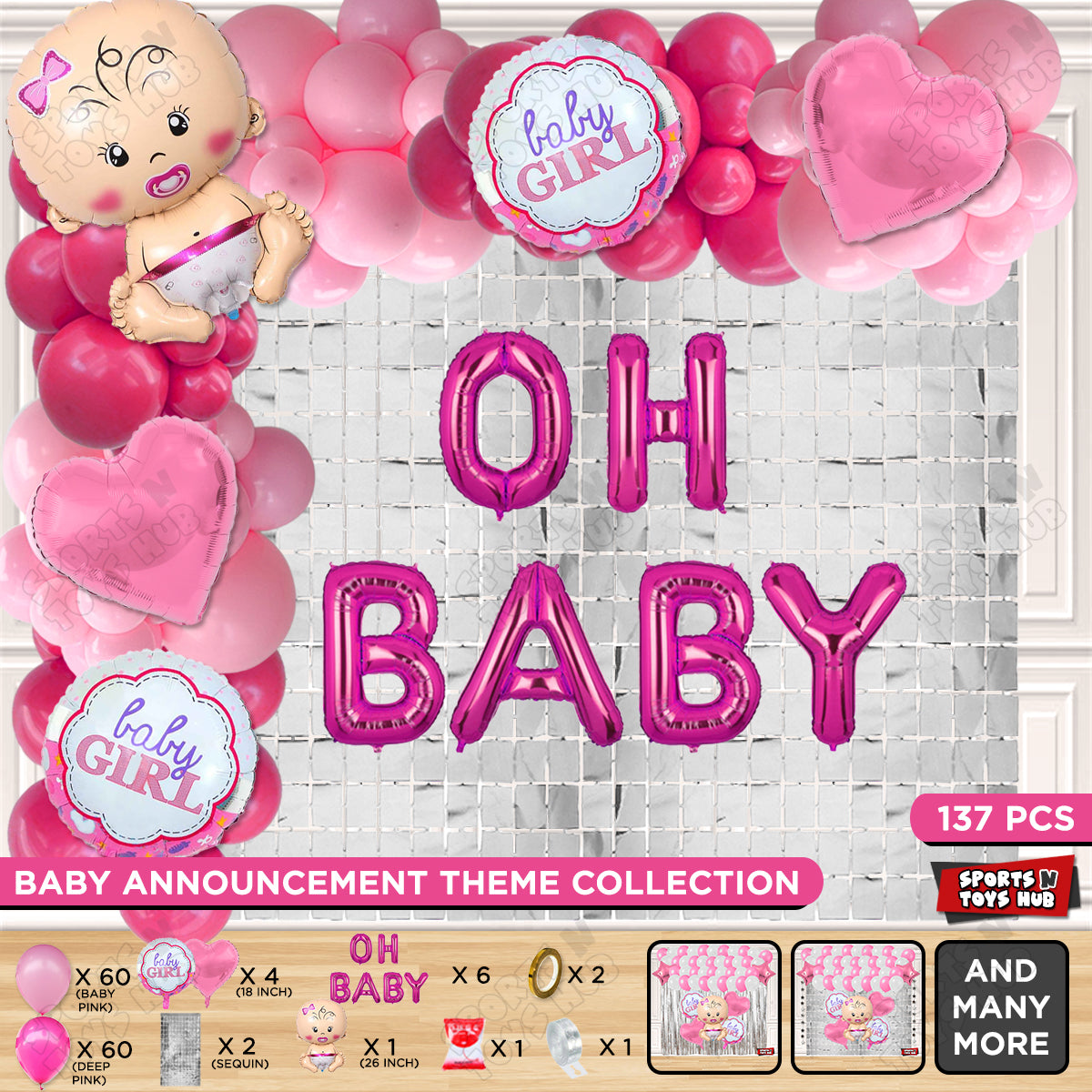 Baby Girl Foil Balloon Set With Oh Baby Foil Letter Arch Theme - Pack Of 137