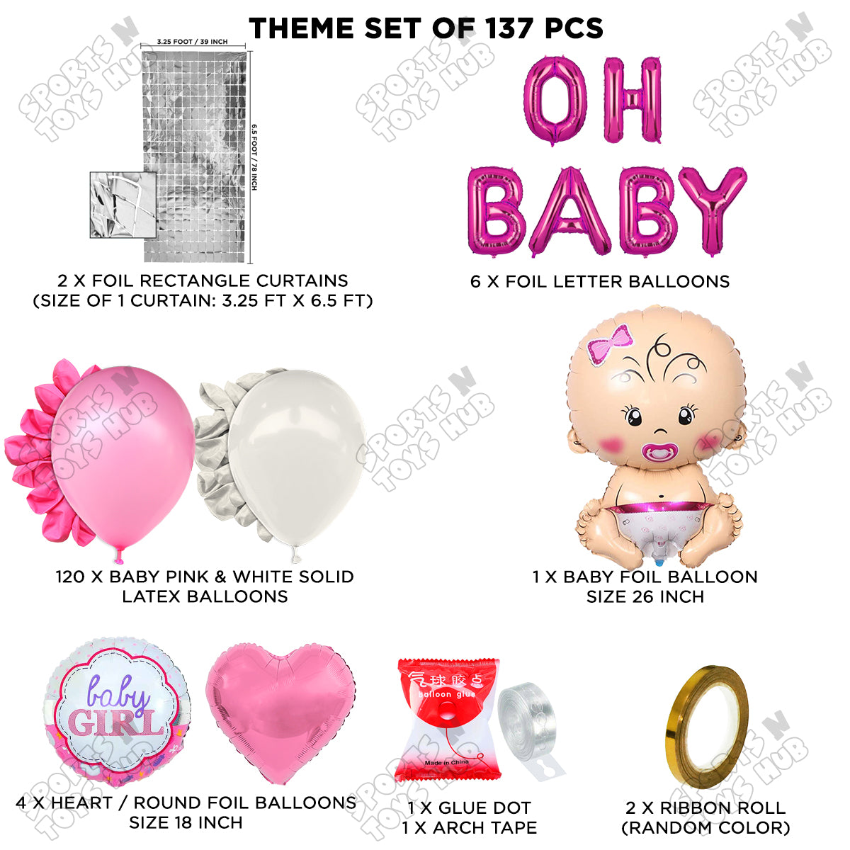 Baby Girl Foil Balloon Set With Oh Baby Foil Letter Pink & White Arch Theme - Pack Of 137