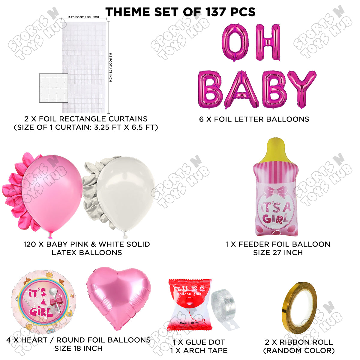 Feeder Foil Balloon With Oh Baby Foil Letter White & Pink Color Arch Theme - Pack Of 137