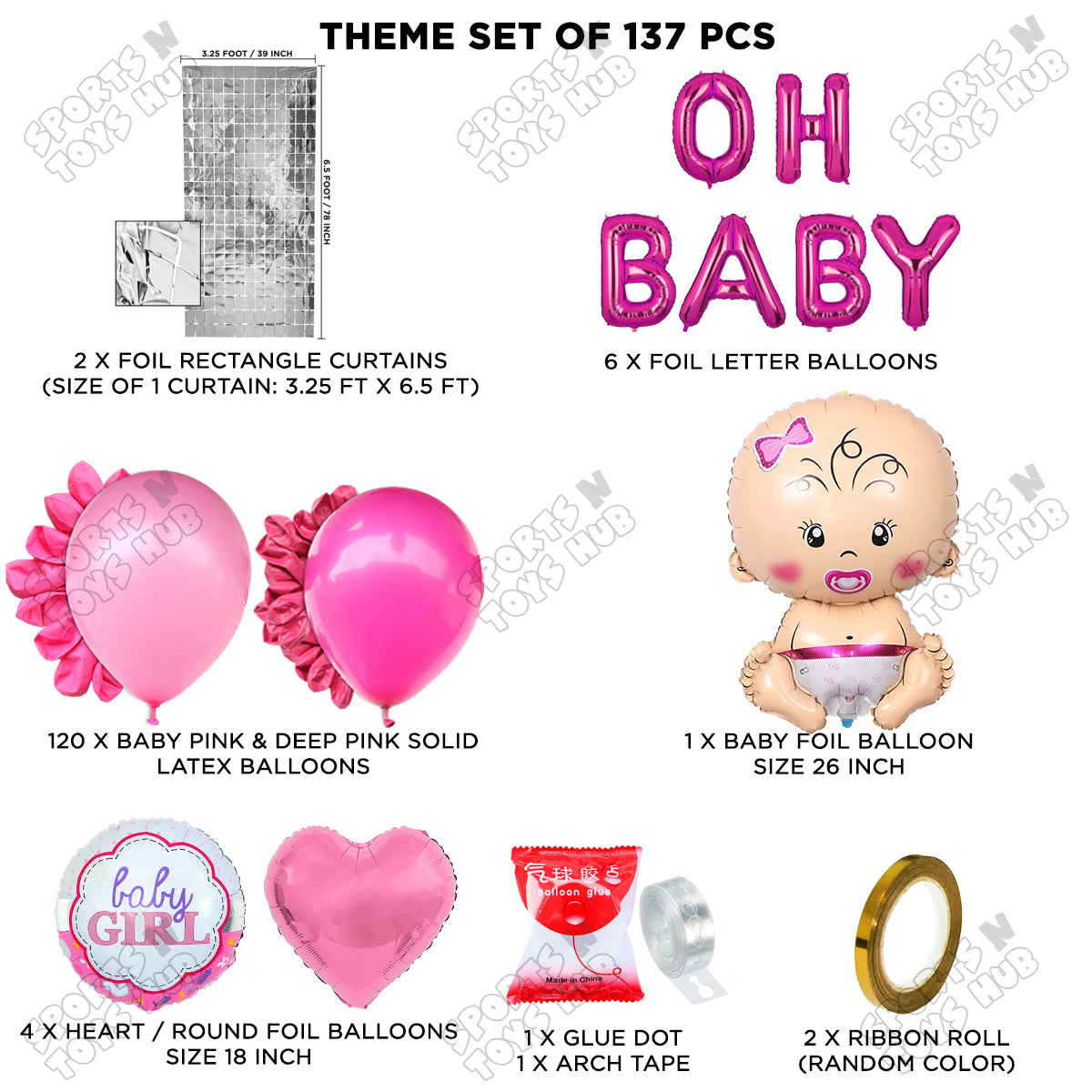 Baby Girl Foil Balloon Set With Oh Baby Foil Letter Arch Theme - Pack Of 137