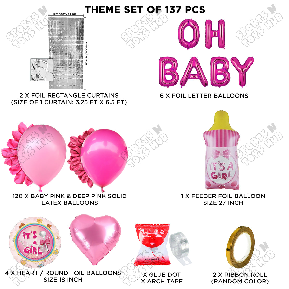 Feeder Foil Balloon With Oh Baby Foil Letter Dark Pink & Pink Color Arch Theme - Pack Of 137