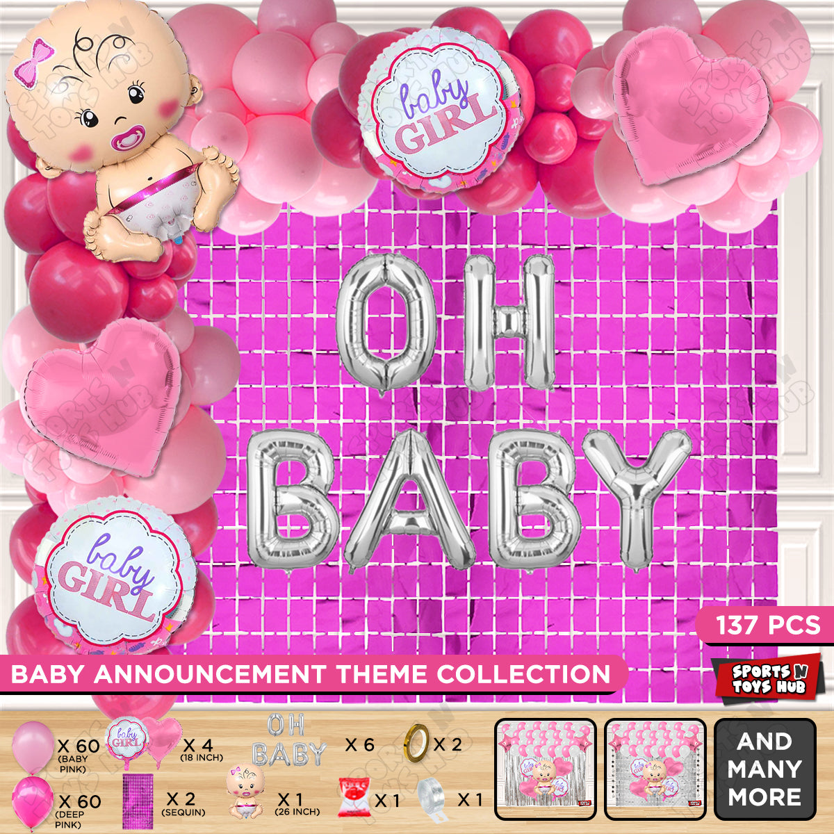 Baby Girl Foil Balloon Set With Oh Baby Foil Letter Arch Theme - Pack Of 137