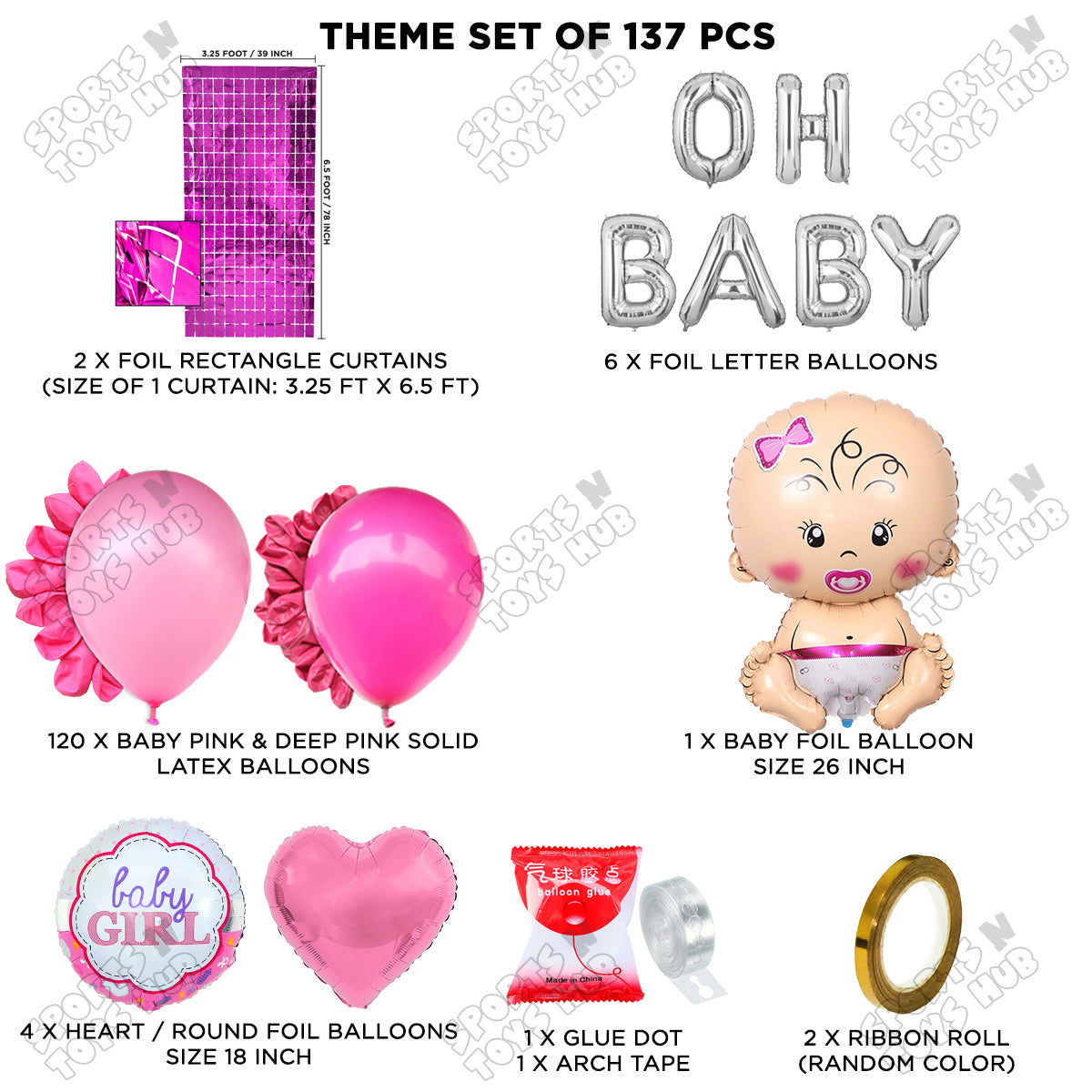 Baby Girl Foil Balloon Set With Oh Baby Foil Letter Arch Theme - Pack Of 137