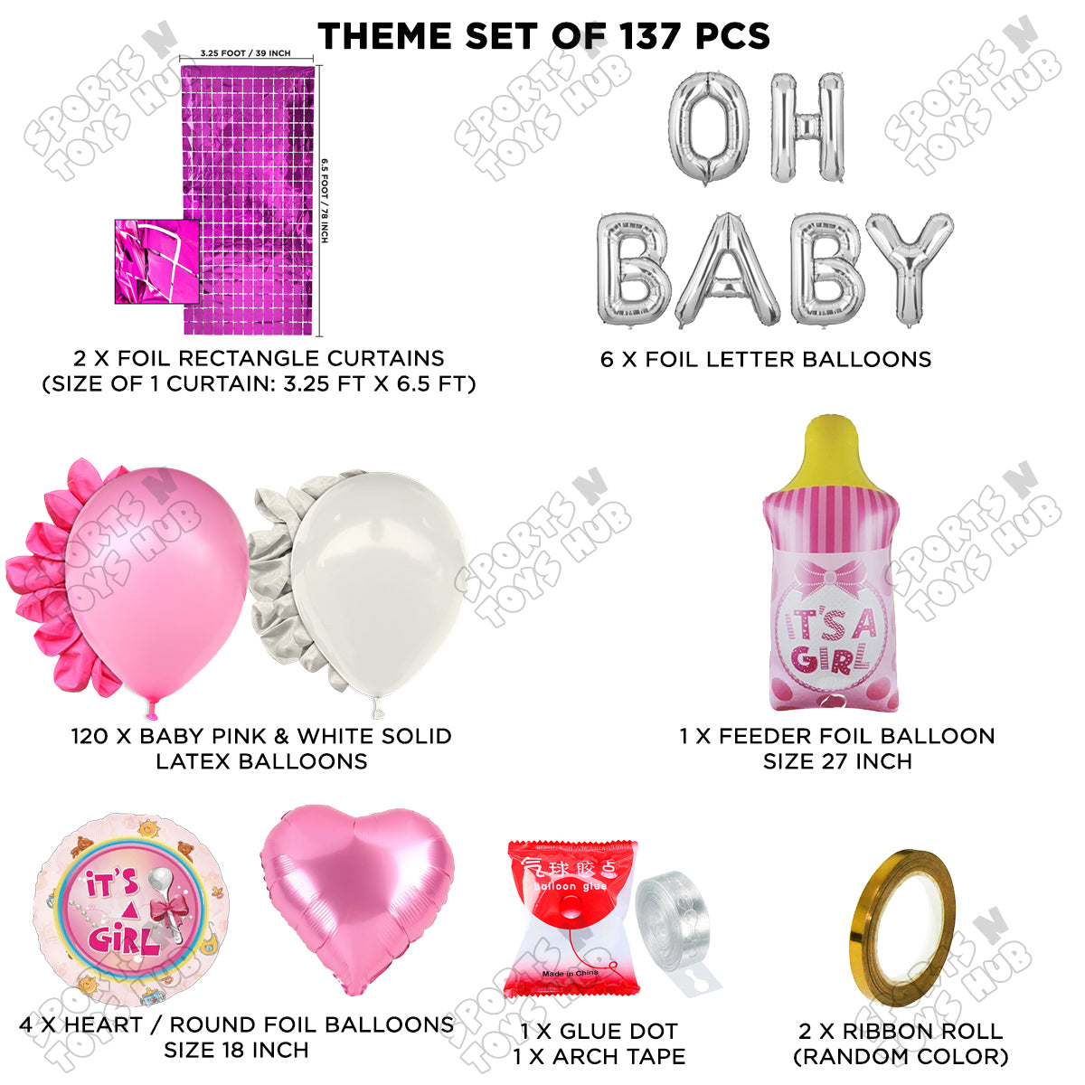 Feeder Foil Balloon With Oh Baby Foil Letter White & Pink Color Arch Theme - Pack Of 137