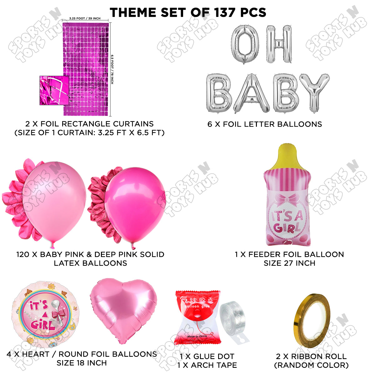 Feeder Foil Balloon With Oh Baby Foil Letter Dark Pink & Pink Color Arch Theme - Pack Of 137