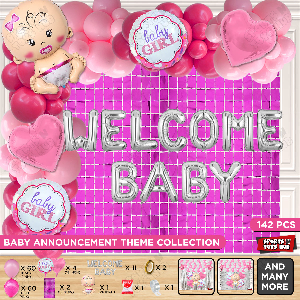 Baby Girl Foil Balloon Set With Welcome Baby Foil Letter Arch Theme - Pack Of 142