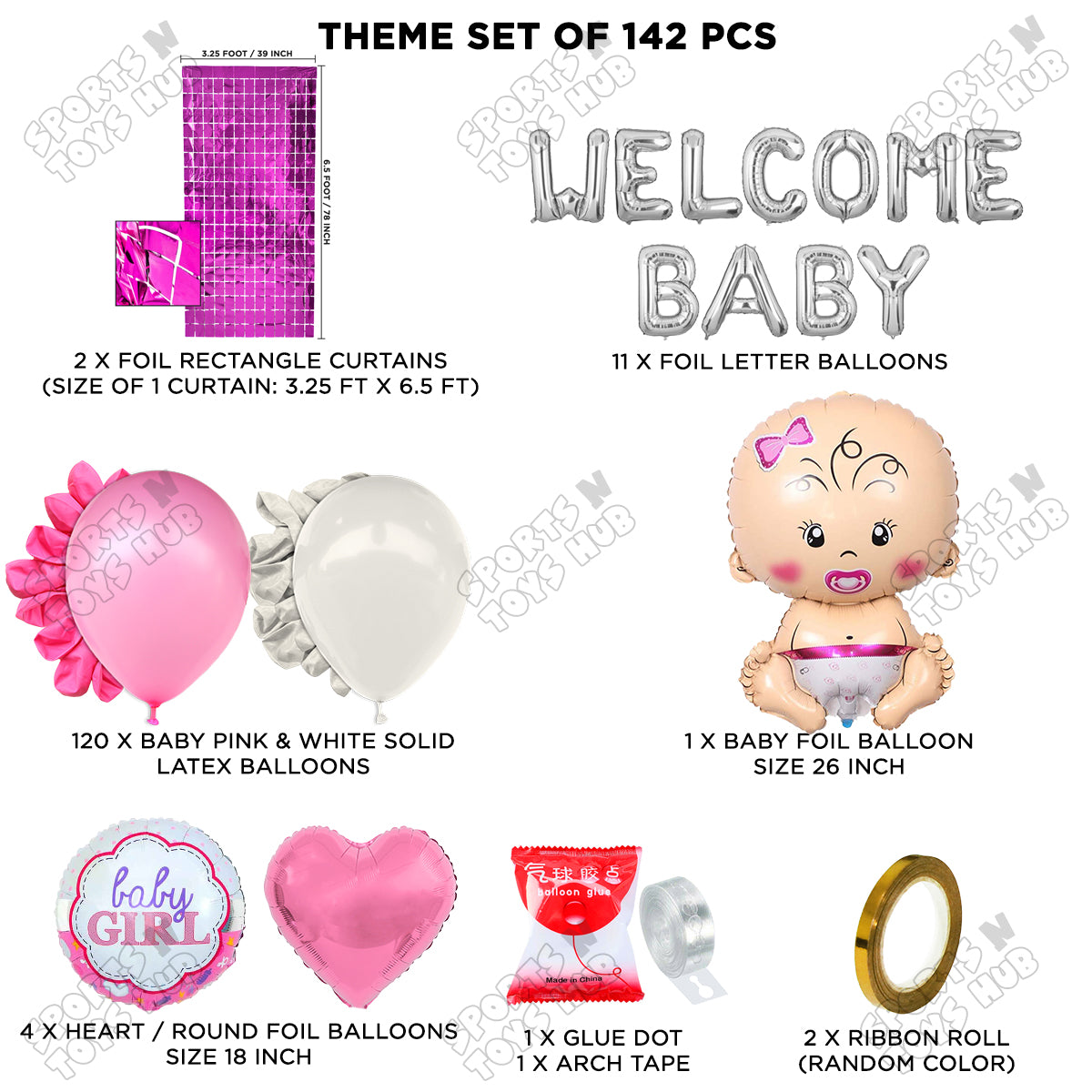 Baby Girl Foil Balloon Set With Welcome Baby Foil Letter Pink & White Color Arch Theme - Pack Of 142