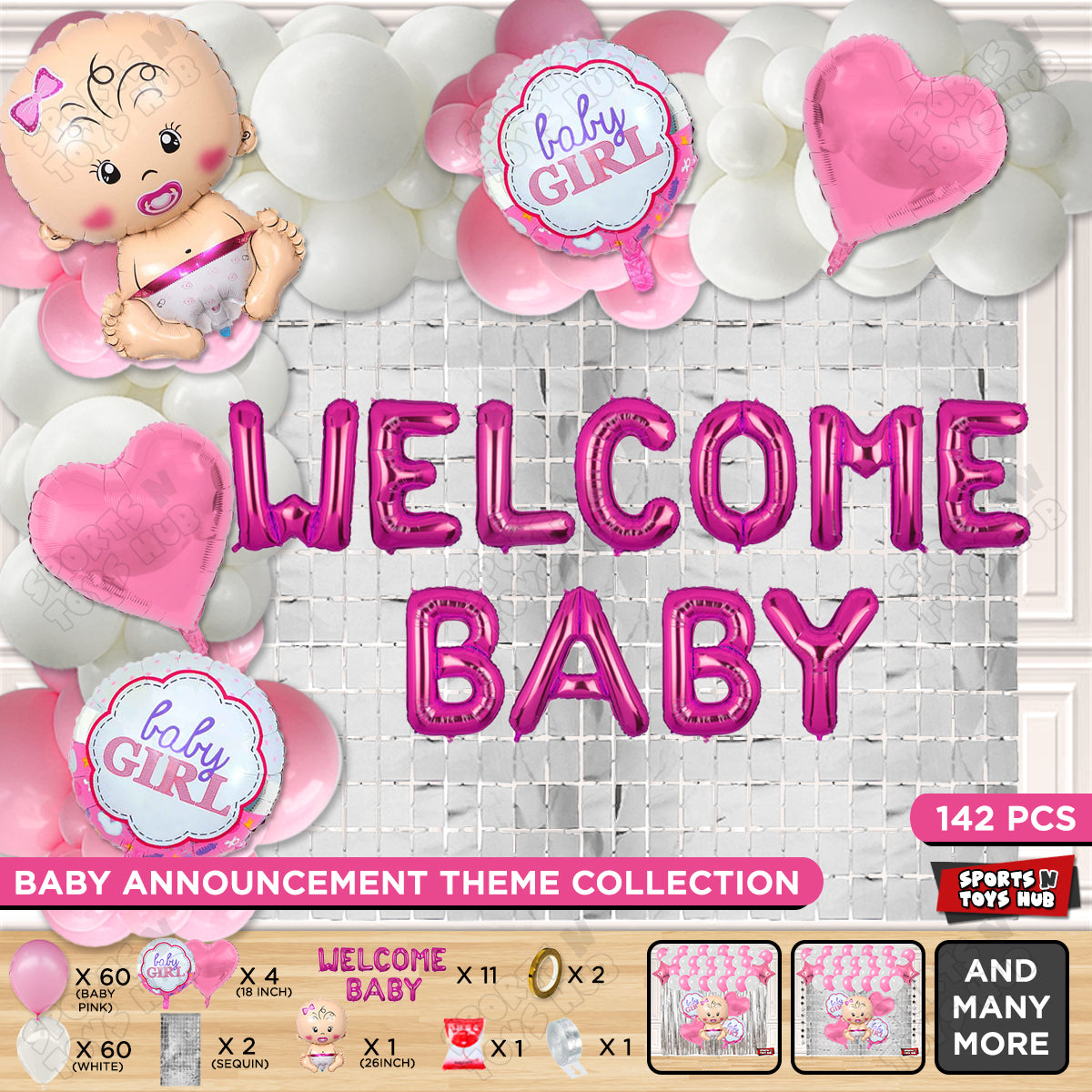 Baby Girl Foil Balloon Set With Welcome Baby Foil Letter Pink & White Color Arch Theme - Pack Of 142