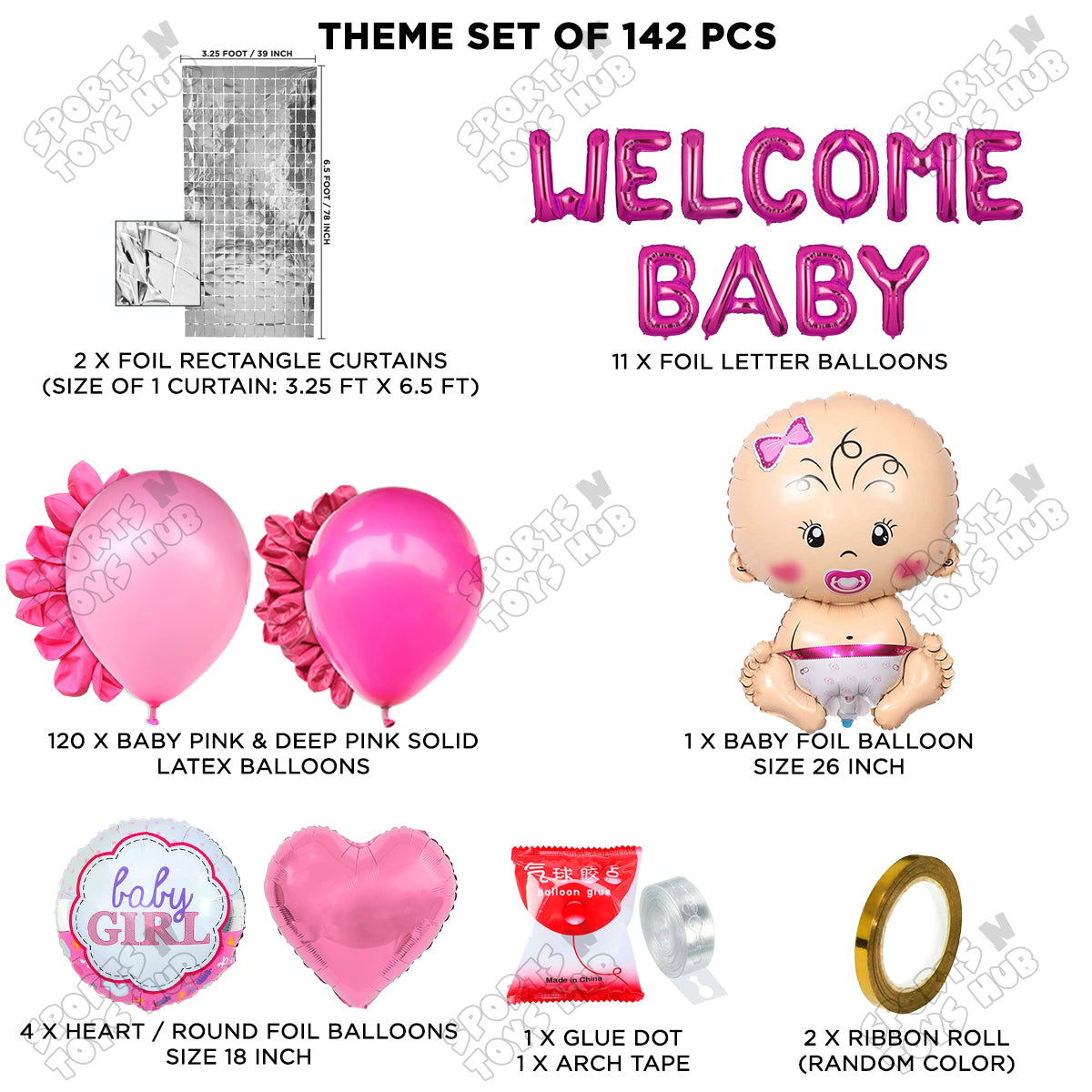 Baby Girl Foil Balloon Set With Welcome Baby Foil Letter Arch Theme - Pack Of 142