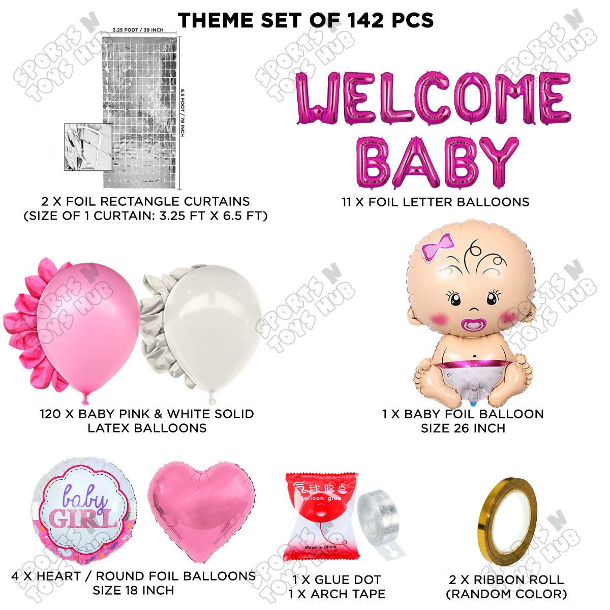 Baby Girl Foil Balloon Set With Welcome Baby Foil Letter Pink & White Color Arch Theme - Pack Of 142