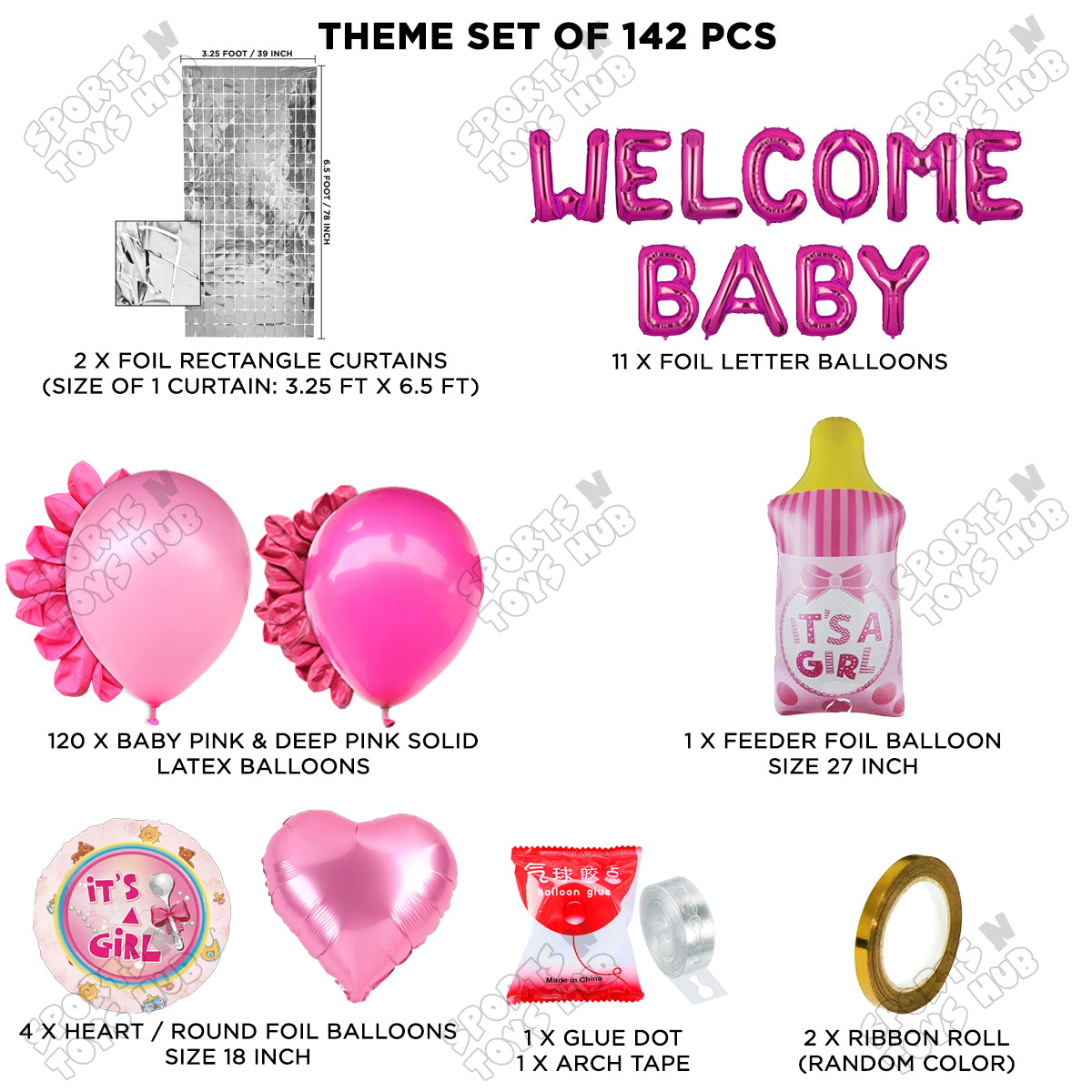 Baby Girl Feeder Foil Balloon Set With Welcome Baby Foil Letter Arch Theme - Pack Of 142