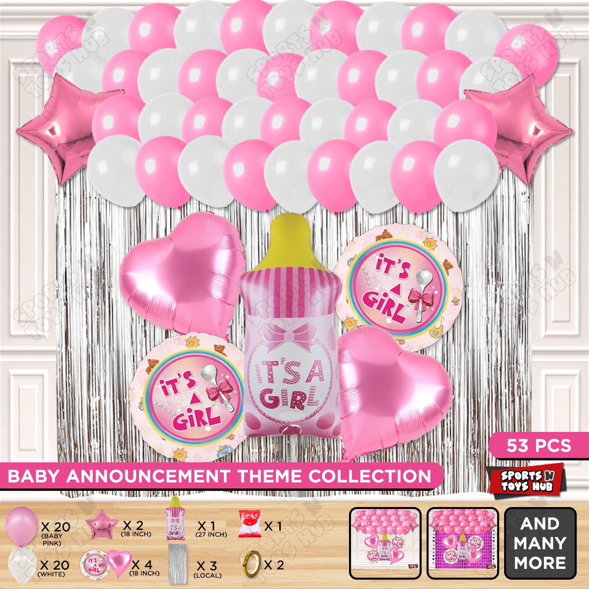 Baby Girl Feeder Foil Balloon Set With Balloon White & Pink Color Curtain Theme
