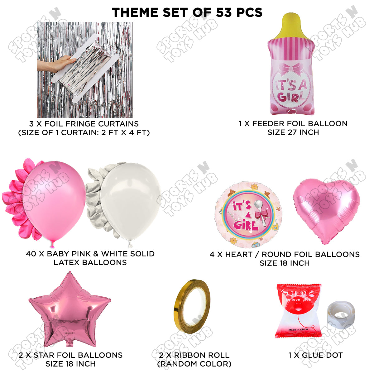 Baby Girl Feeder Foil Balloon Set With Balloon White & Pink Color Curtain Theme