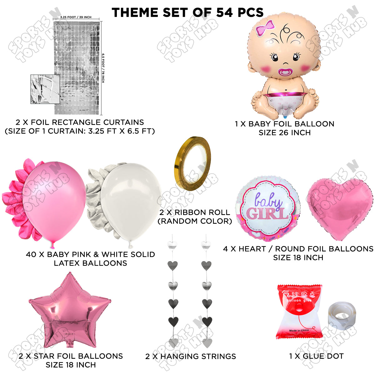 Baby Girl Foil Balloon Set Rectangle Curtain Pink & White Color Theme