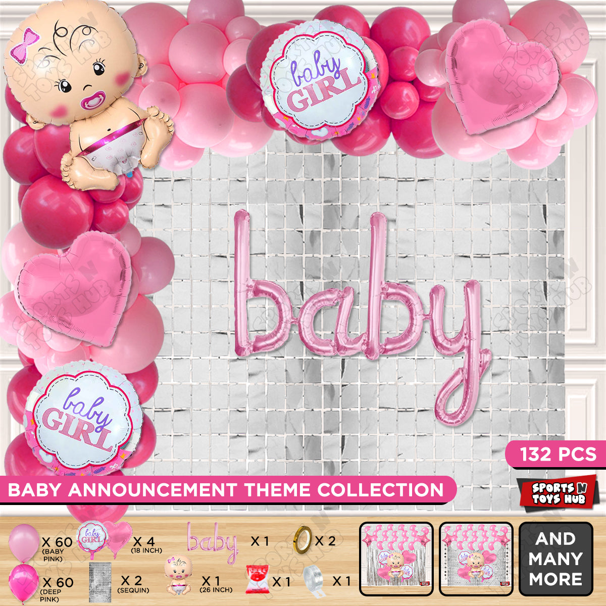 Baby Girl Foil Balloon With Baby Cursive Foil Letter Arch Theme - Pack Of 132