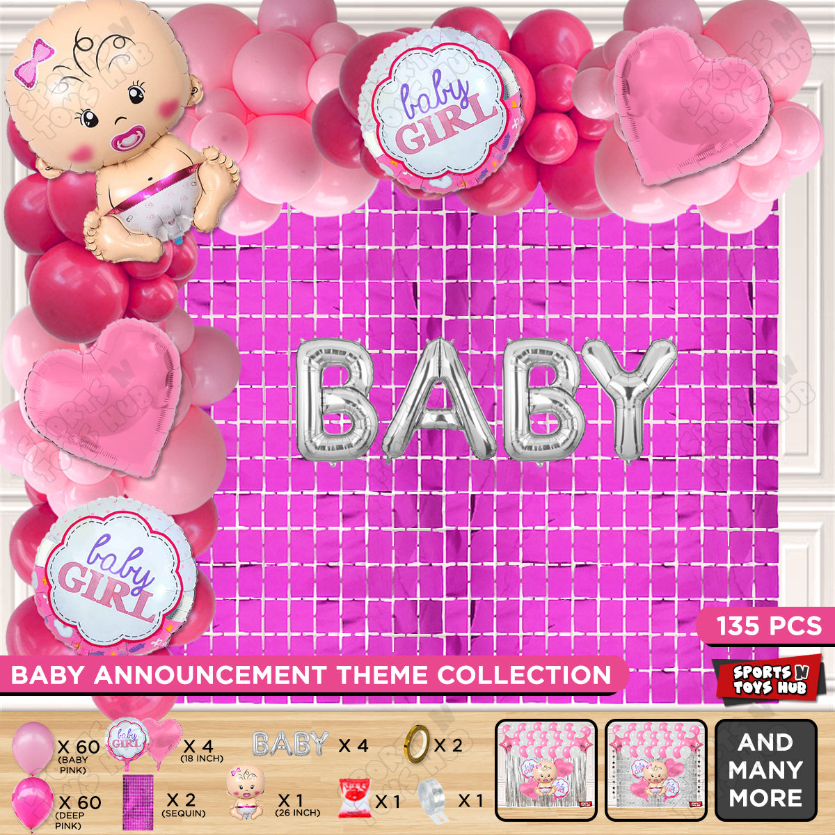 Baby Girl Foil Balloon With Baby Foil Letter Arch Theme - Pack Of 135