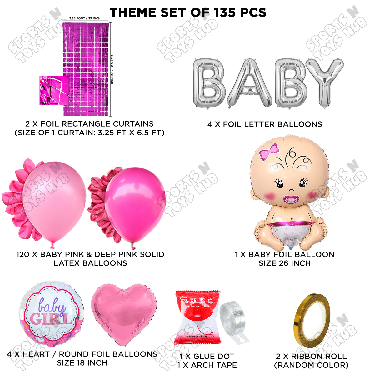 Baby Girl Foil Balloon With Baby Foil Letter Arch Theme - Pack Of 135