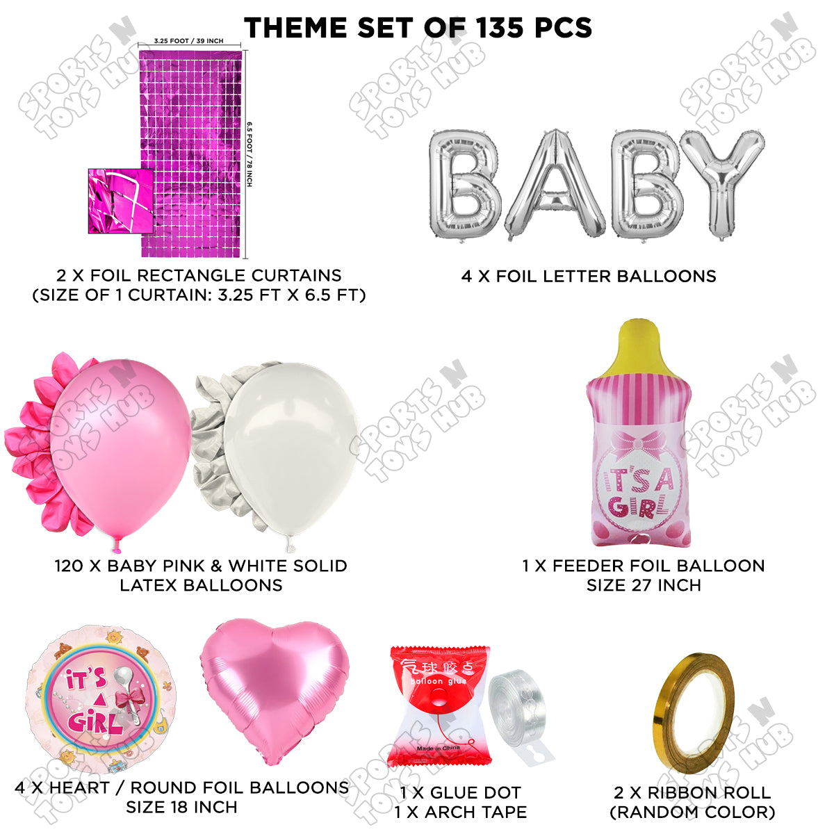 Feeder Foil Balloon With Baby Foil Letter Pink & White Arch Theme - Pack Of 135