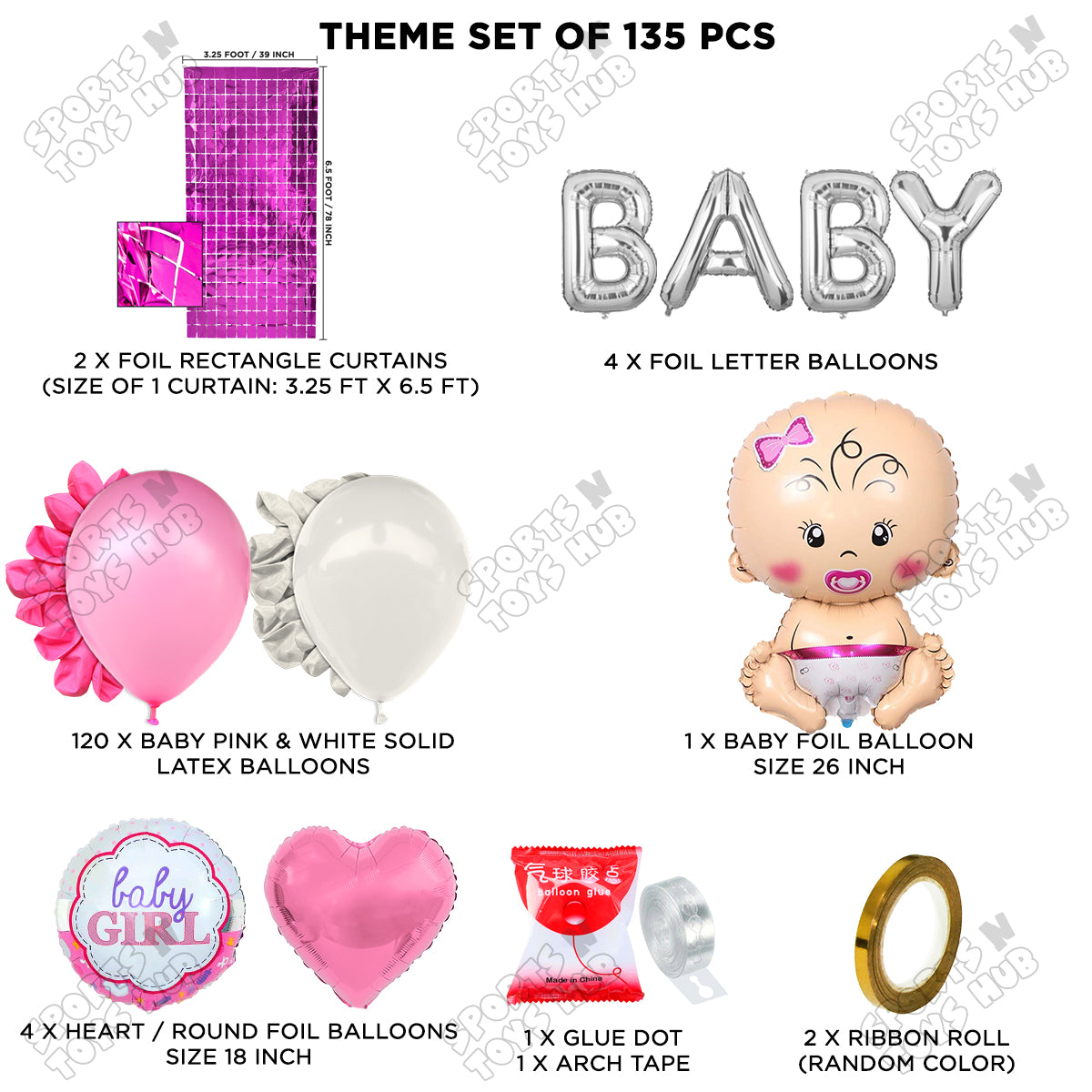 Baby Girl Foil Balloon With Baby Foil Letter Pink & White Arch Theme - Pack Of 135