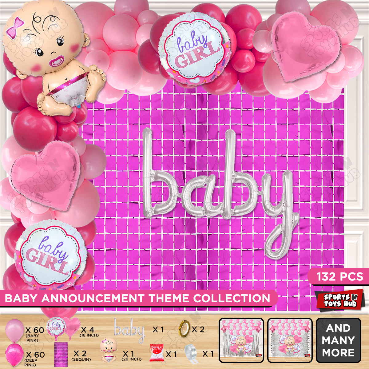 Baby Girl Foil Balloon With Baby Cursive Foil Letter Arch Theme - Pack Of 132