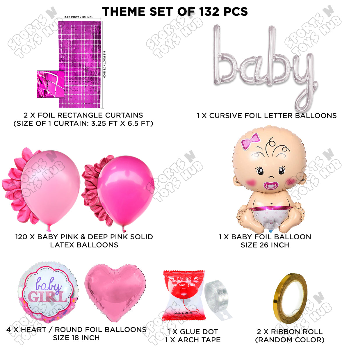 Baby Girl Foil Balloon With Baby Cursive Foil Letter Arch Theme - Pack Of 132