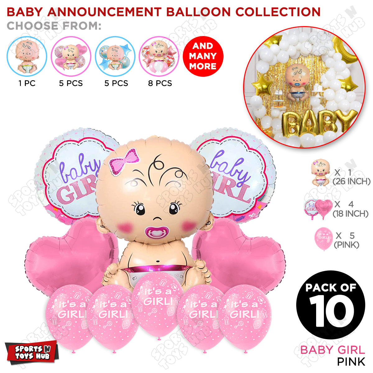 Baby Girl Foil Balloon - Pack Of 10