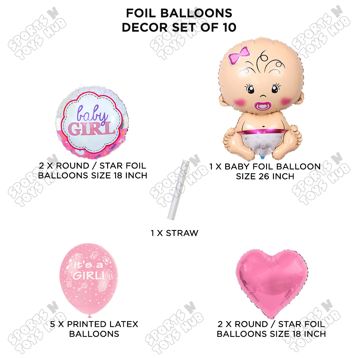 Baby Girl Foil Balloon - Pack Of 10