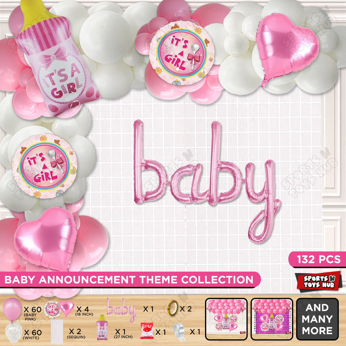 Feeder Foil Balloon With Baby Cursive Foil Letter Pink & White Color Arch Theme - Pack Of 132