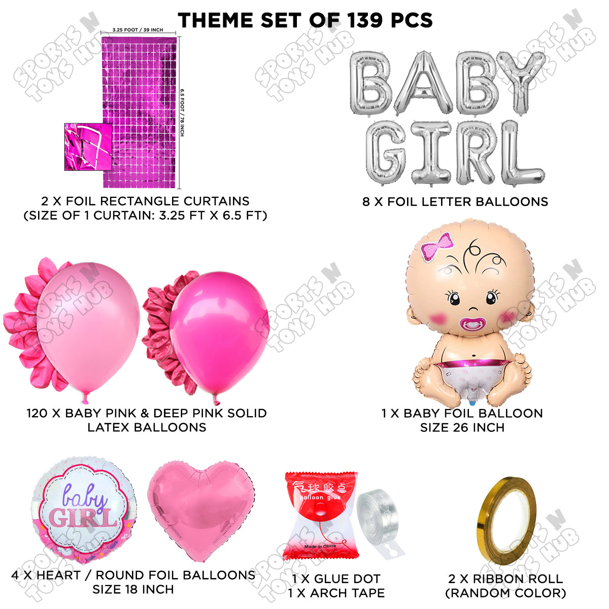 Baby Girl Foil Balloon Set With Baby Girl Silver Foil Letter Arch Theme