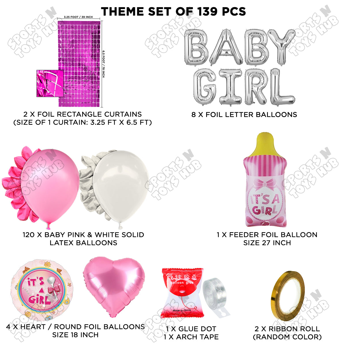 Feeder Foil Balloon With Baby Girl Foil Letter Arch White & Pink Color Theme - Pack Of 139