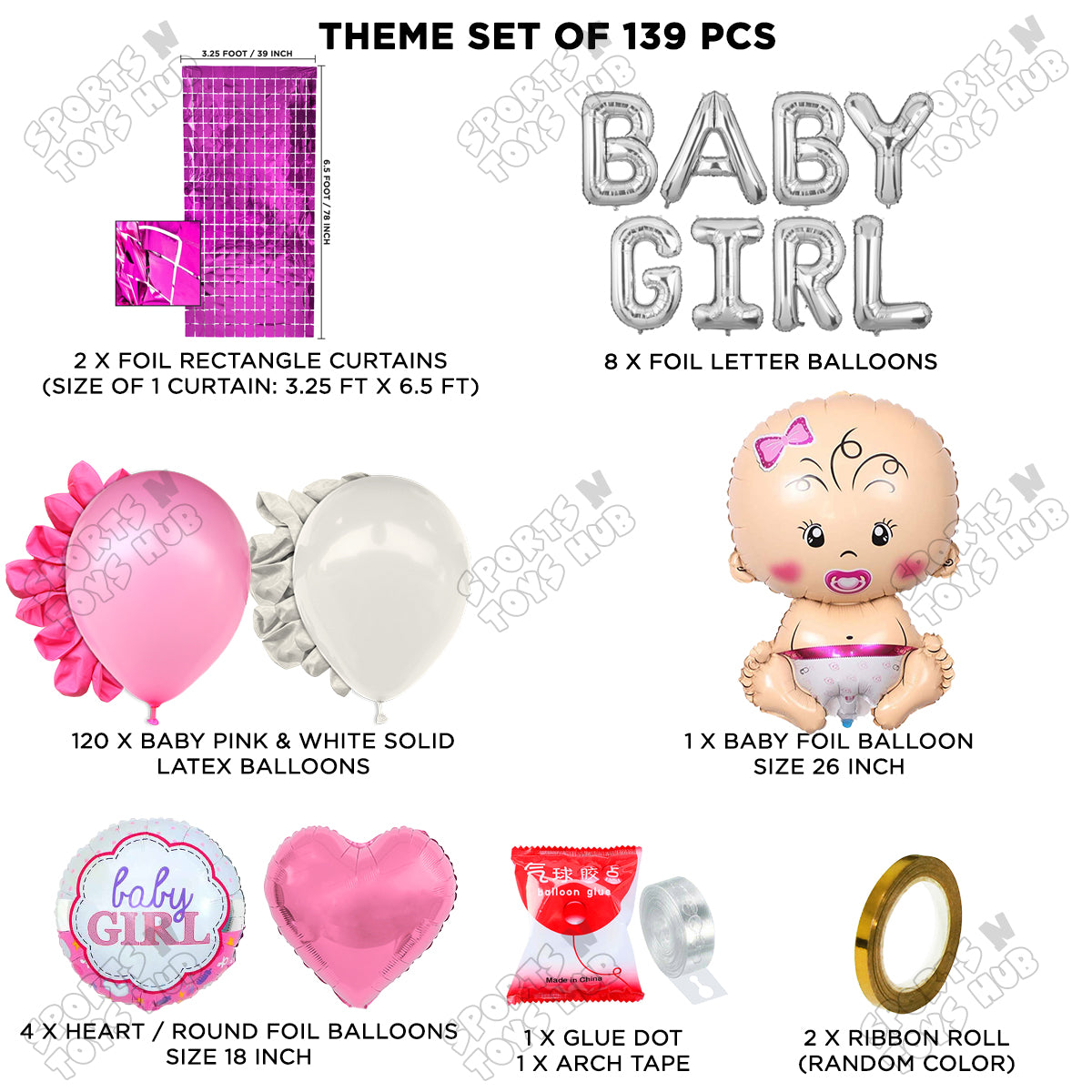 Baby Girl Foil Balloon Set With Baby Girl Silver Foil Letter Pink & White Color Arch Theme