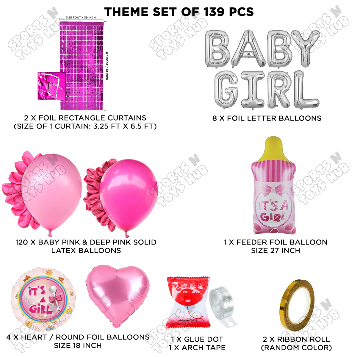 Feeder Foil Balloon With Baby Girl Foil Letter Arch Dark Pink & Pink Color Theme - Pack Of 139