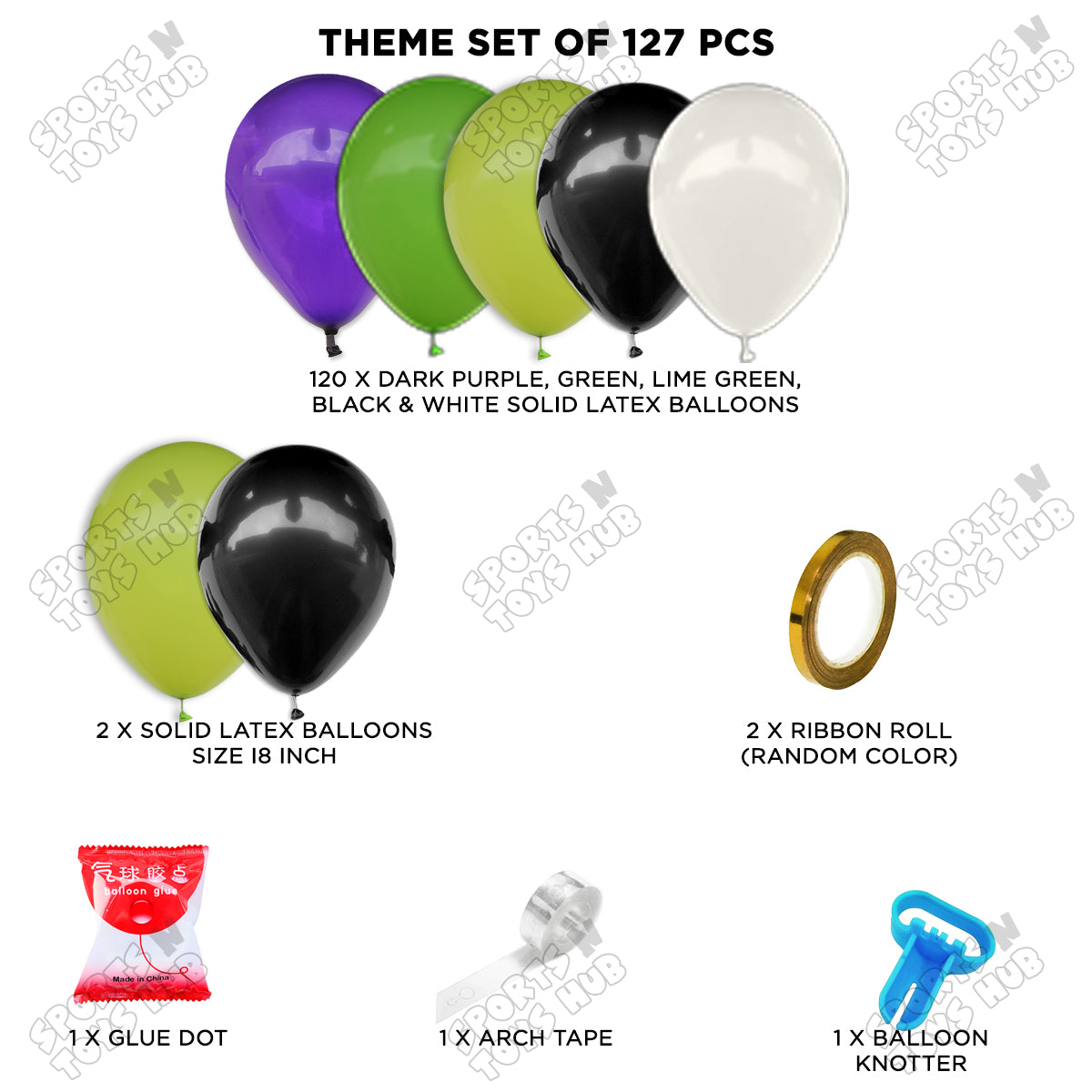 Dark Purple, Green, Lime Green, Black & White Balloon Arch Theme Set - 127 Pieces