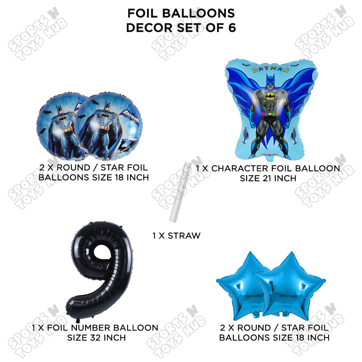 Bat M@n Foil Balloon Set With Number Collection - Pack Of 6