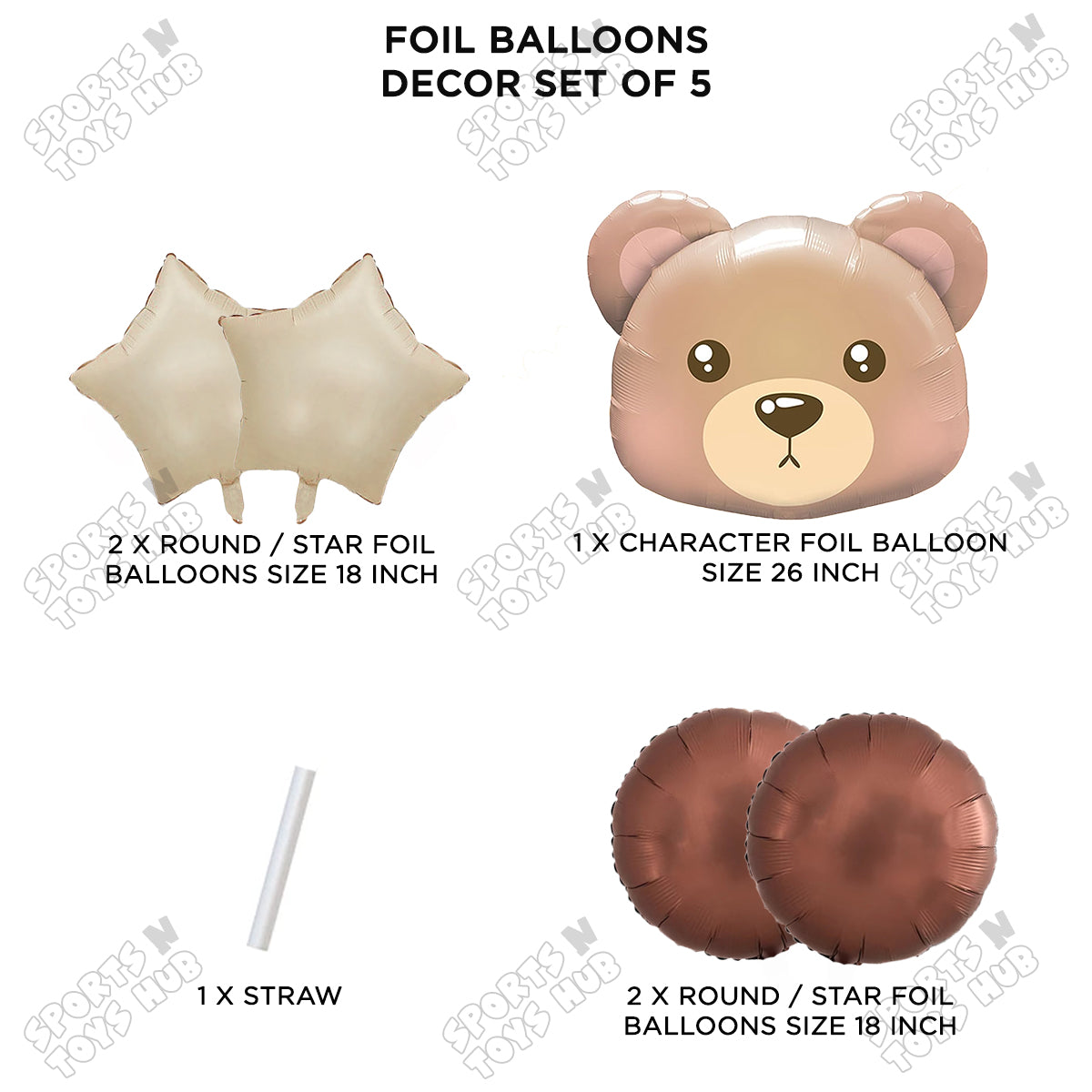 Bear Face Pack Of 5 Foil Balloon Set