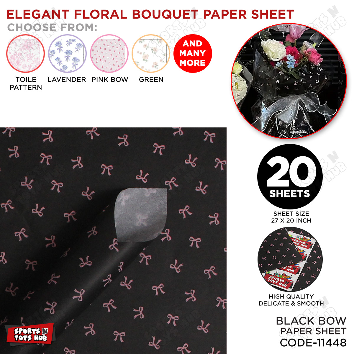 Elegant Bow Printed Paper Sheets Multipurpose for Bouquet Wrapping, Gift Wraps, Hamper Box Liner - Pack Of 20 Sheets