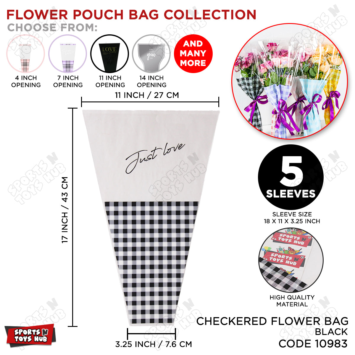 Checkered Plaids Printed BOPP Floral Sleeve Bags for Flower Bunch Packing - Pack of 5