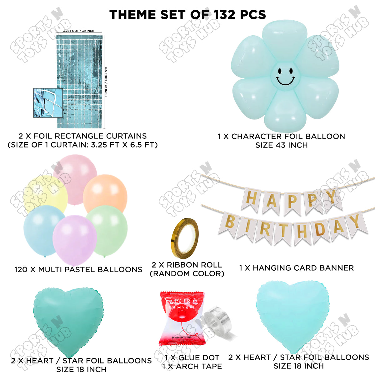 Jumbo Smiley Blue Flower Foil Balloon & Card Banner Arch Theme Collection