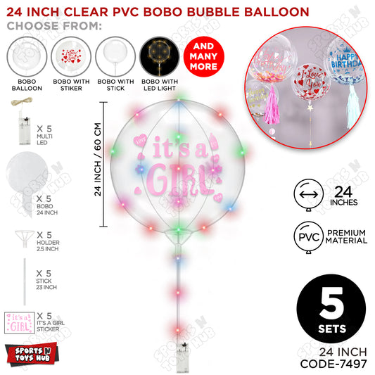 18, 24 & 36 Inch It’s a Girl Pink Bobo Bubble Balloon with Stick & LED Light – Pack of 1, 5 & 10 Baby Girl Announcement Balloon, Gender Reveal, Baby Shower Decoration, Pink Party Decor & Photo Booth