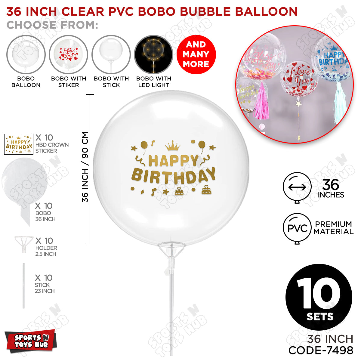 Happy Birthday Dull Gold Color Sticker With Bobo Balloon & Stick