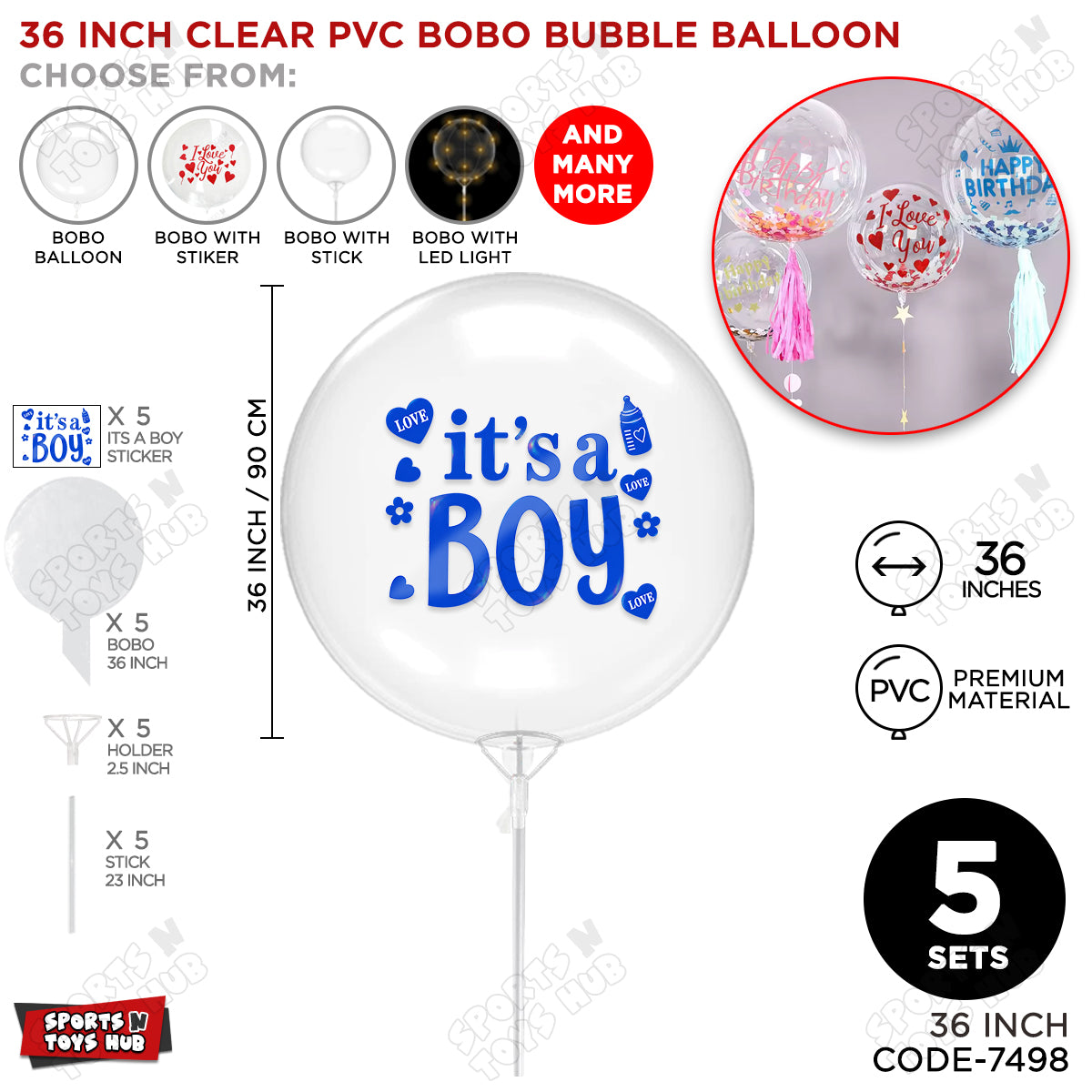 18, 24 & 36 Inch Clear PVC Bobo Bubble Balloons With Stick – Pack of 1, 5 & 10, Transparent Balloon with It’s a Boy Sticker, Baby Shower, Gender Reveal, Baby Boy Announcement & Party Decoration