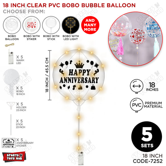 Happy Anniversary Black Color Sticker With BOBO Balloon Stick & LED Light