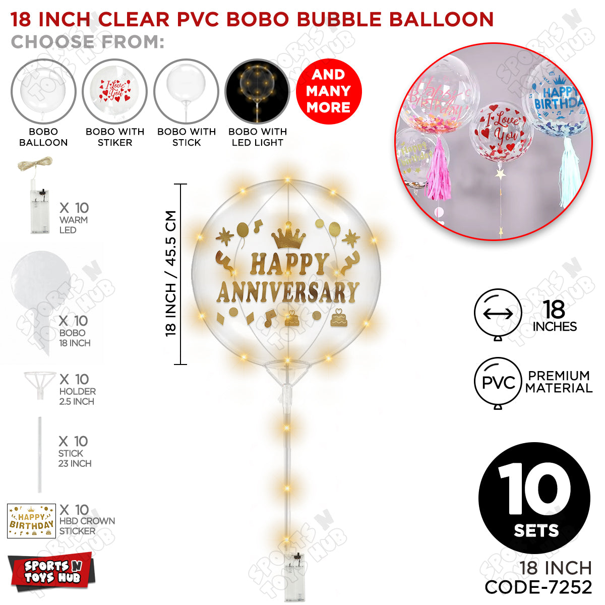 Happy Anniversary Gold Color Sticker With BOBO Balloon Stick & LED Light
