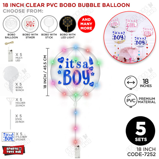 18, 24 & 36 Inch It’s a Boy Blue Bobo Bubble Balloon with Stick & LED Light – Pack of 1, 5 & 10 Baby Boy Announcement Balloon, Gender Reveal, Baby Shower Decoration, Party Decor & Photo Booth