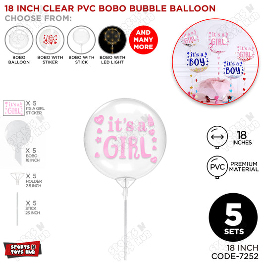 18, 24 & 36 Inch It’s a Girl Bobo Bubble Balloons with Stick – Pack of 1, 5 & 10 Clear Pink Baby Girl Announcement Balloon, Gender Reveal, Baby Shower & Party Decor