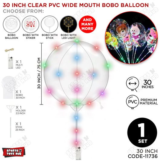 30 Inch Clear PVC BOBO Wide Mouth Stuffing Balloon With Stick & LED Light