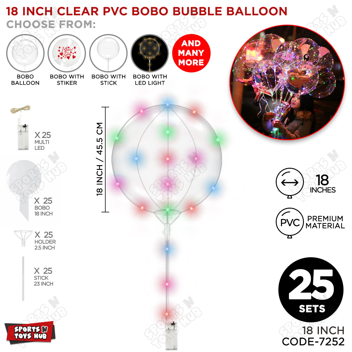 18 Inch BOBO Balloon With Stick & LED Light