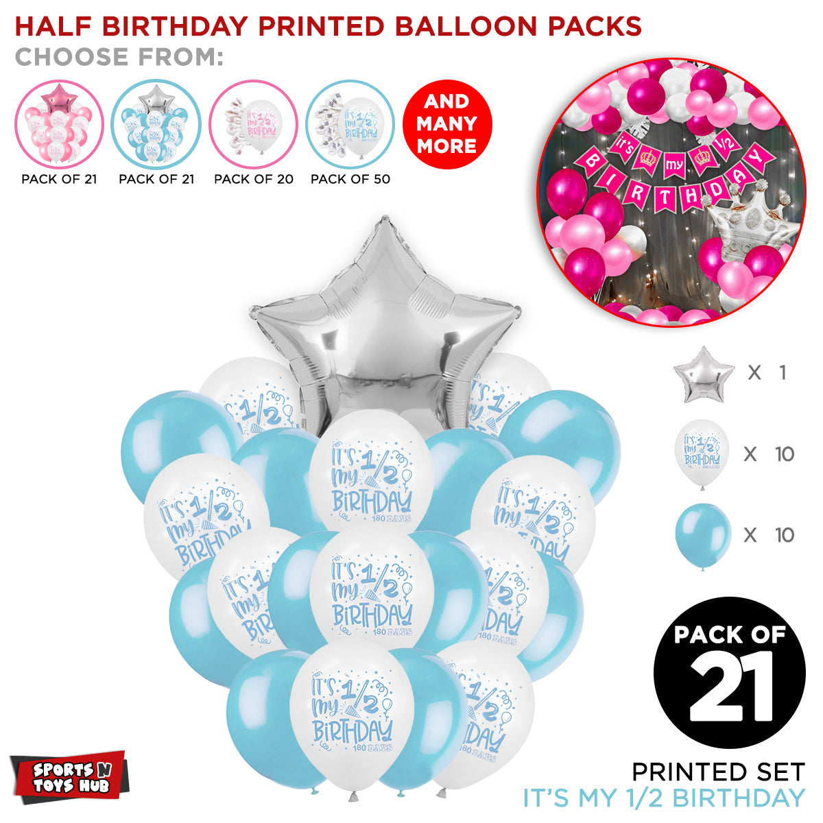 Half Birthday Printed Balloons - Blue