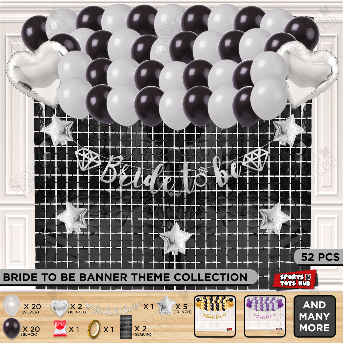 Bride To Be Cursive Banner Theme Collection - Silver & Black