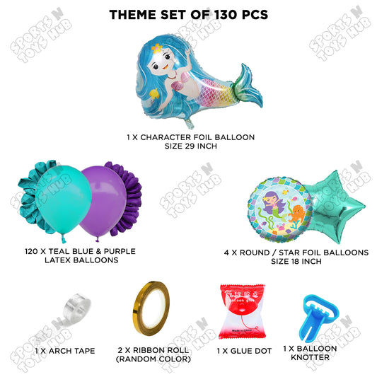 Teal Blue & Purple Color Balloon Arch Garland Theme Kits With Cartoon Mer-maId Foil Set - 130 Pcs